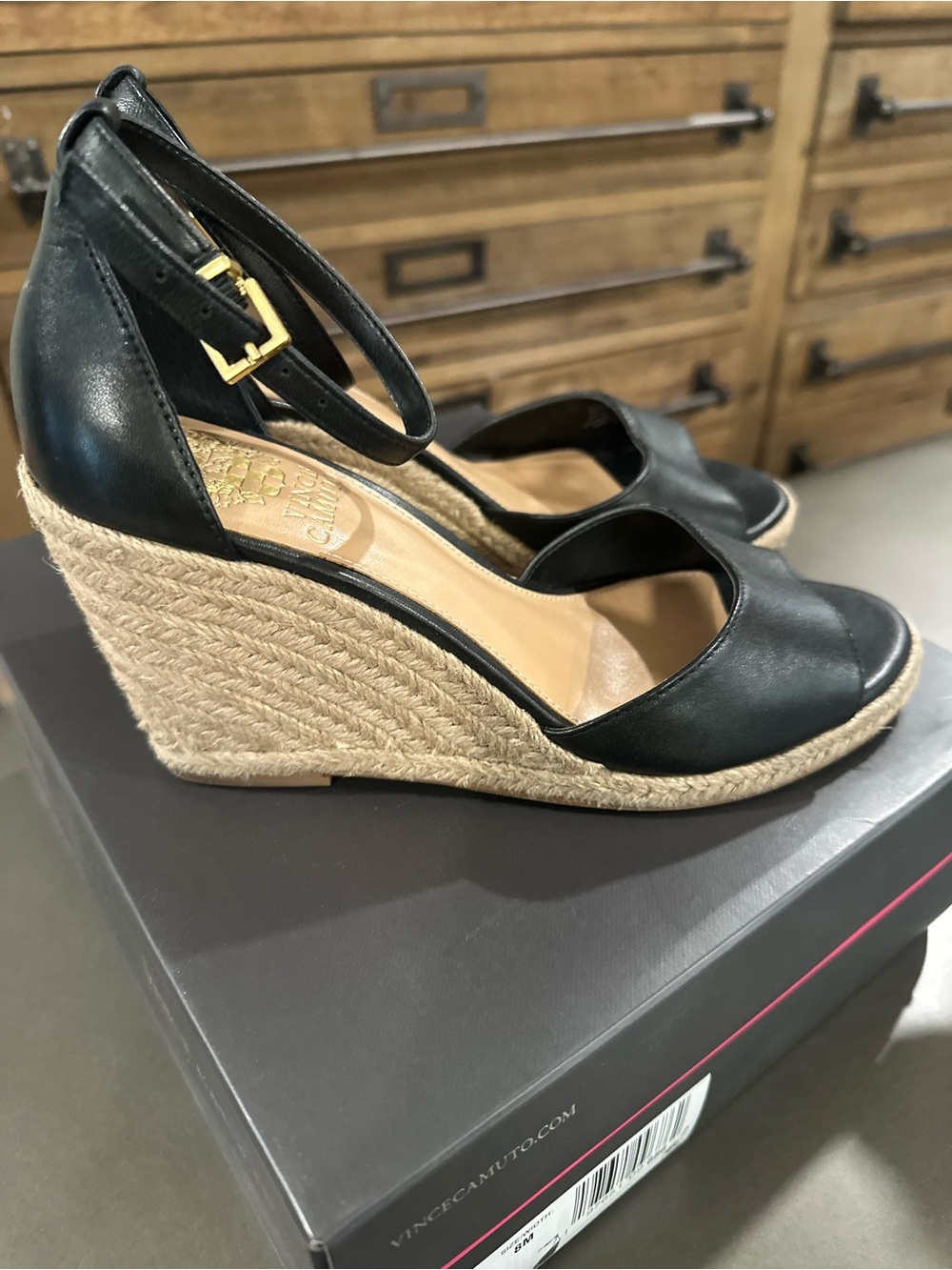 Vince Camuto Black Leather Espadrille Wedge Sandals with Ankle Strap - Picture 4 of 5